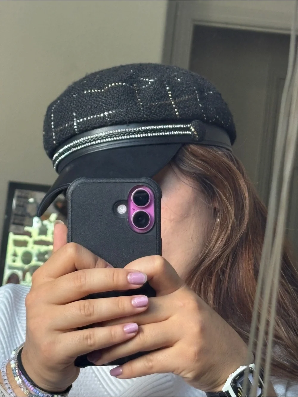 Y2K Juicy Couture Black Tweed Newsboy Cap with Faux Leather Visor